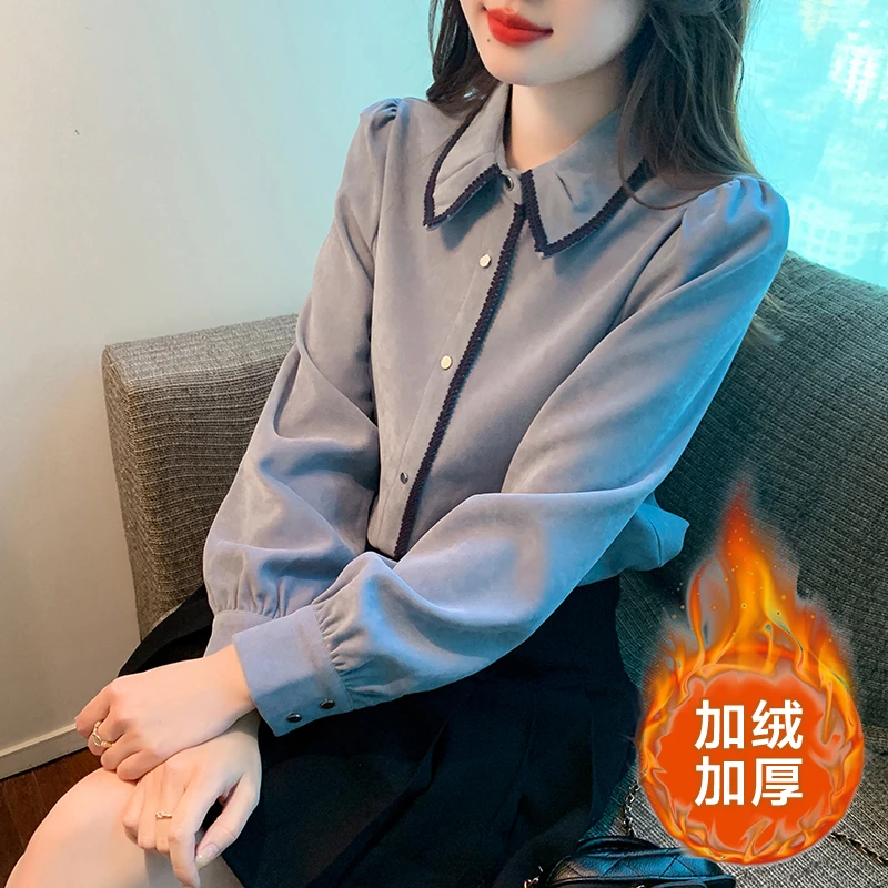 高级感磨毛打底衬衫女士秋冬2024年新款爆款时尚洋气上衣加绒衬衣