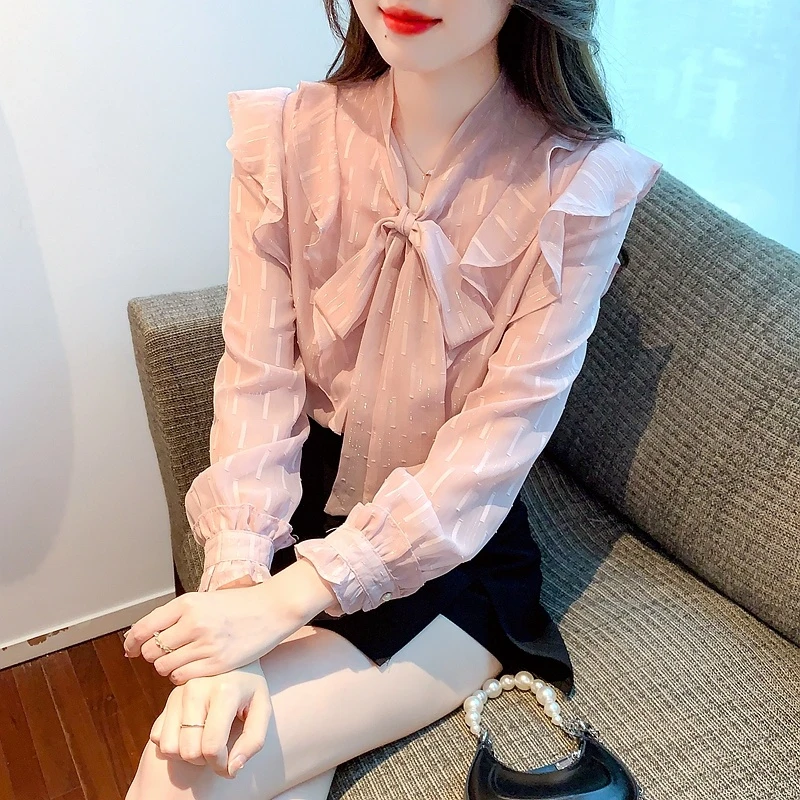 洋气高端蝴蝶结粉色衬衫女春装2023新款荷叶边雪纺衫韩版超仙小衫