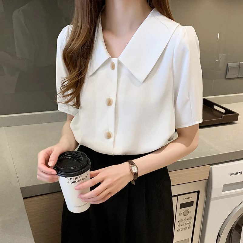 法式复古短袖衬衫女宽松V领上衣2025夏季新款高端百搭白色雪纺衫