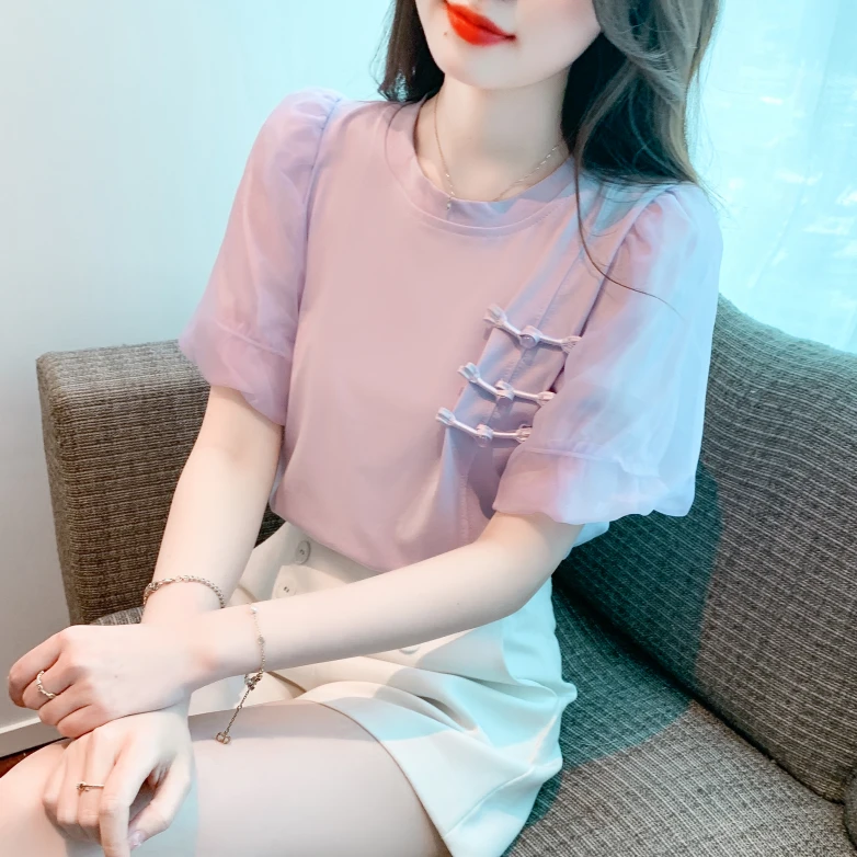 新中式盘扣拼接雪纺泡泡短袖紫色t恤女夏季2025新款国风复古上衣