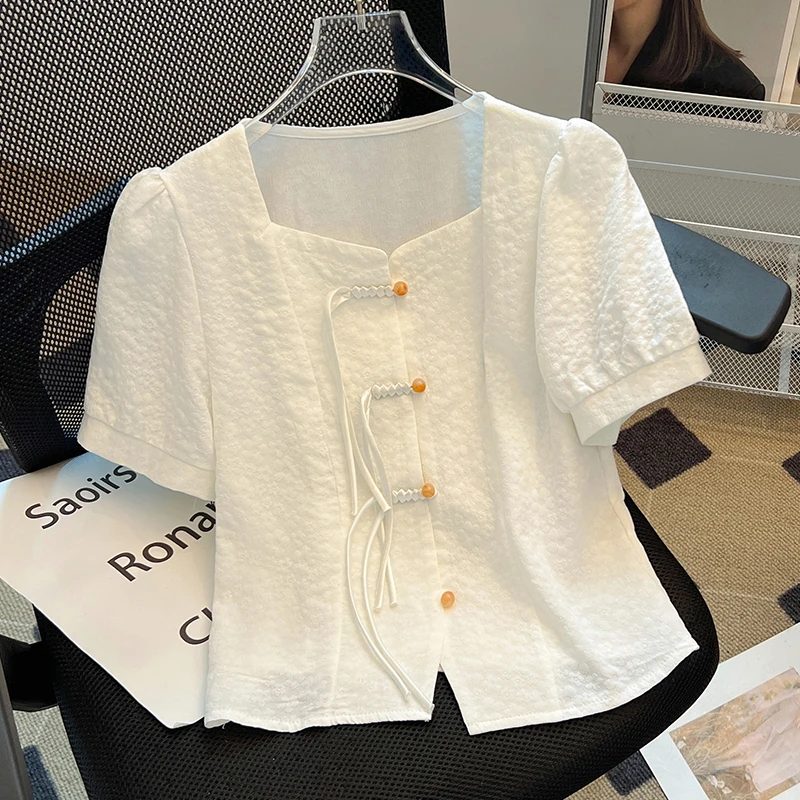 新中式国风盘扣提花衬衫女2025新款夏季小个子方领泡泡短袖短上衣