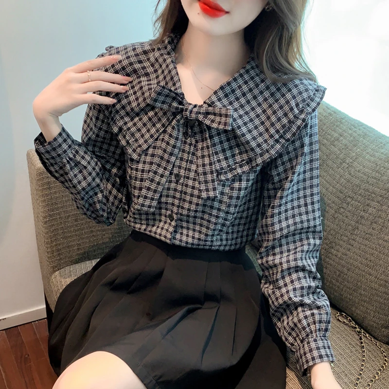 法式高端蝴蝶结格子长袖衬衫女春秋2025新款小个子娃娃领减龄上衣