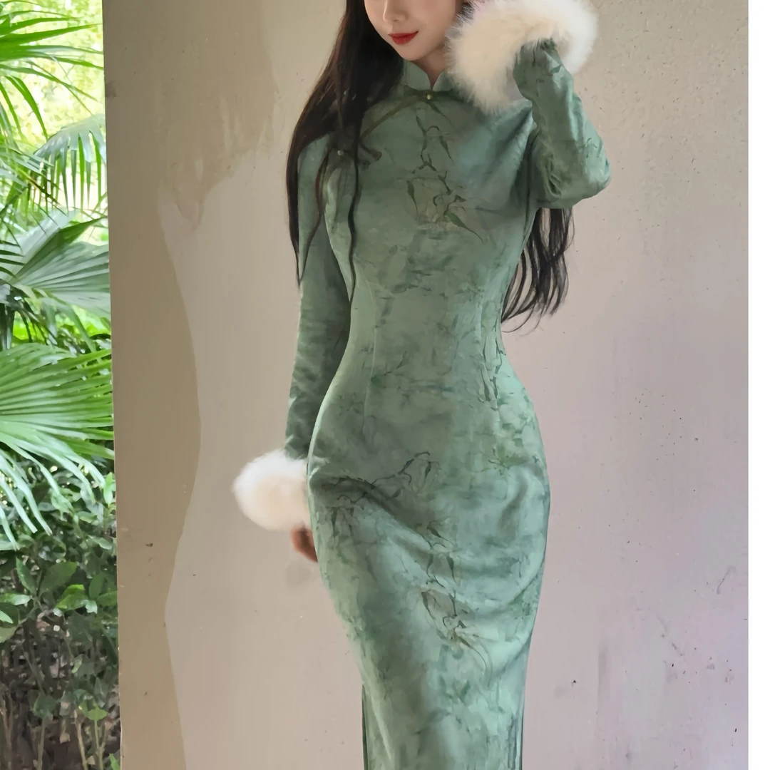 秋辞香~蓝梦 碧水含情国风改良旗袍提花秋冬中长款旗袍连衣裙