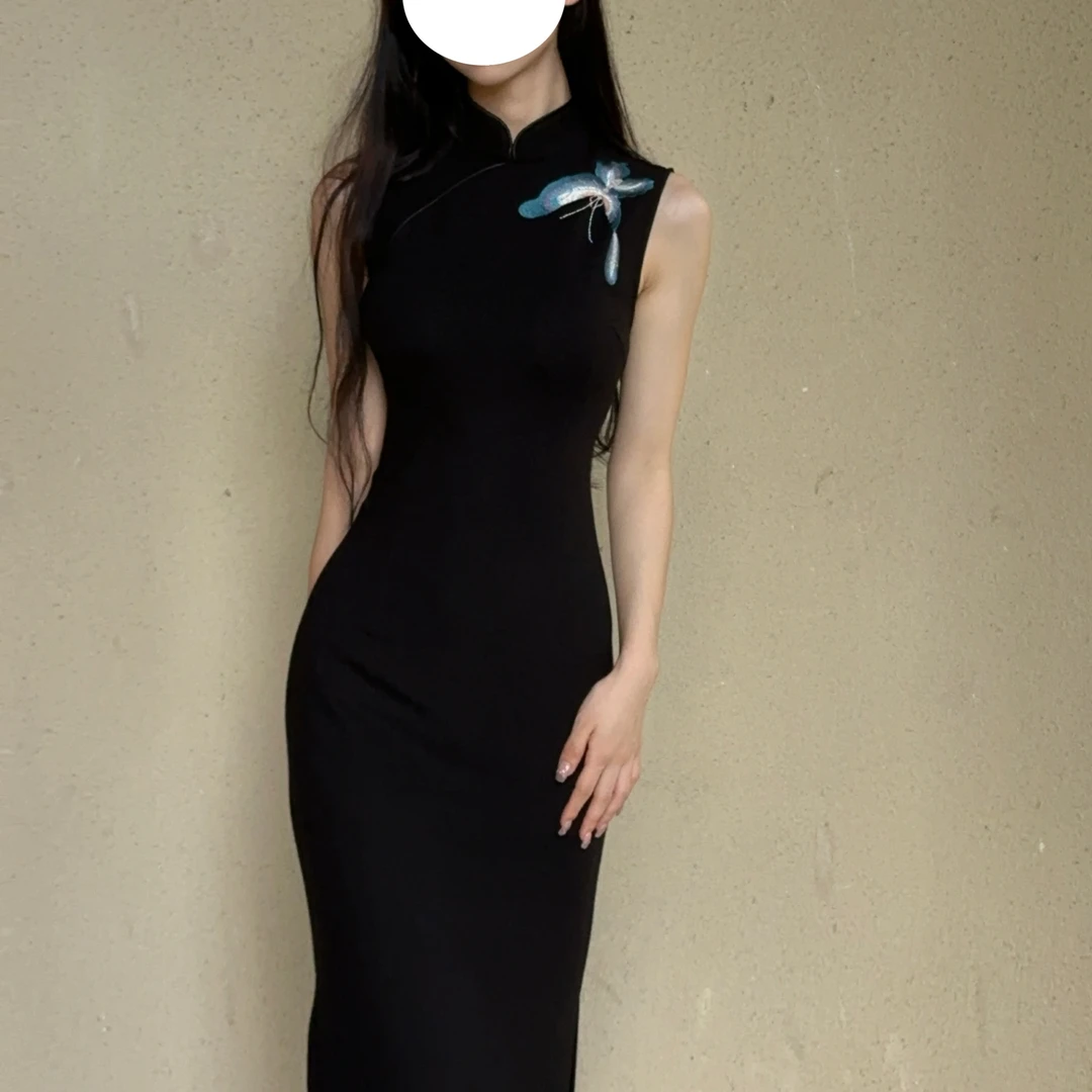 秋辞香~蓝丝蝴蝶 弹力修身改良旗袍女人味黑色无袖气质风情万种