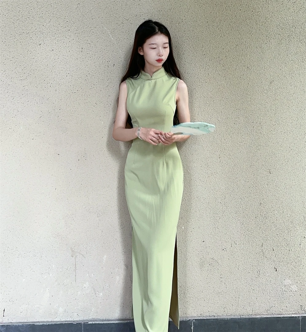 秋辞香~绿意 夏季复古无袖修身国风系显白长款旗袍连衣裙