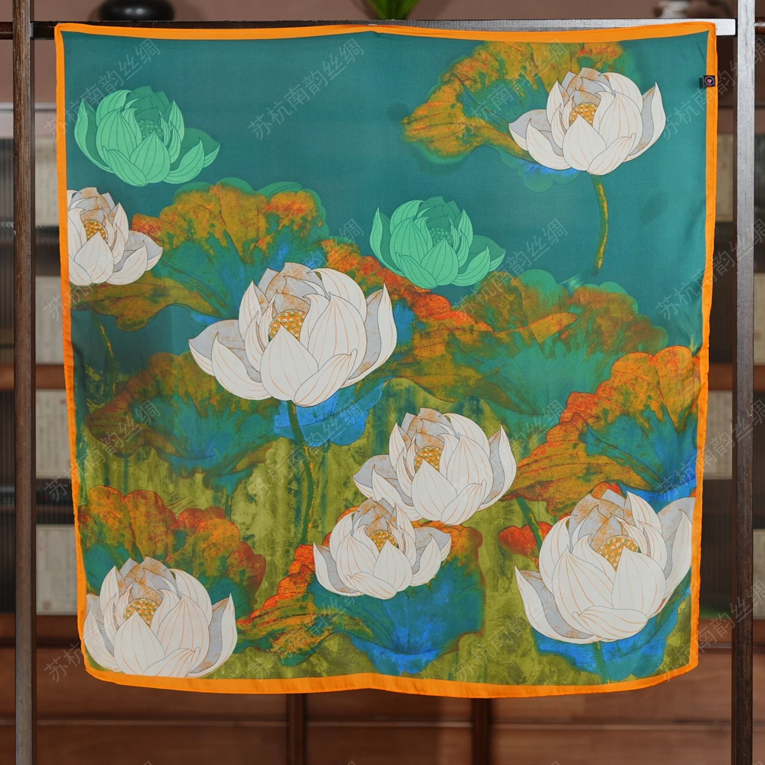 新【A59-163莲开】90*90方巾气质女士双面大方花丝斜纹轻奢丝巾