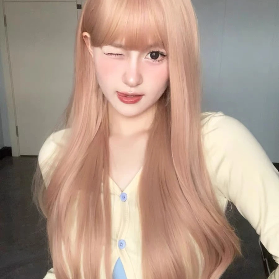 【蜜桃甜心】瑞丝芙蜜桃粉显白网红长卷发整顶假发空气刘海轻薄