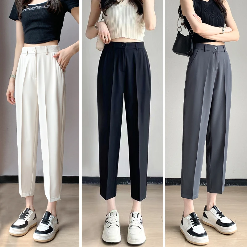 芝越冰丝夏薄款小个子烟管裤女垂感八九分奶奶休闲修身小脚西装裤