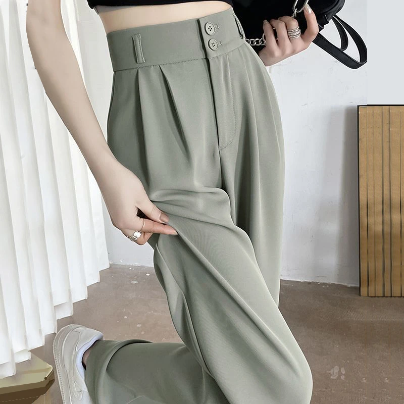 芝越夏季冰丝薄款双扣小个子阔腿裤女高腰垂感休闲宽松拖地西装裤
