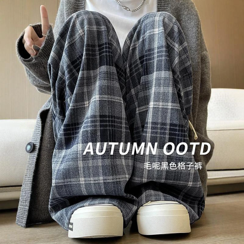小个子格子裤子女春秋季2025新款高腰垂感休闲裤慵懒直筒阔腿裤子