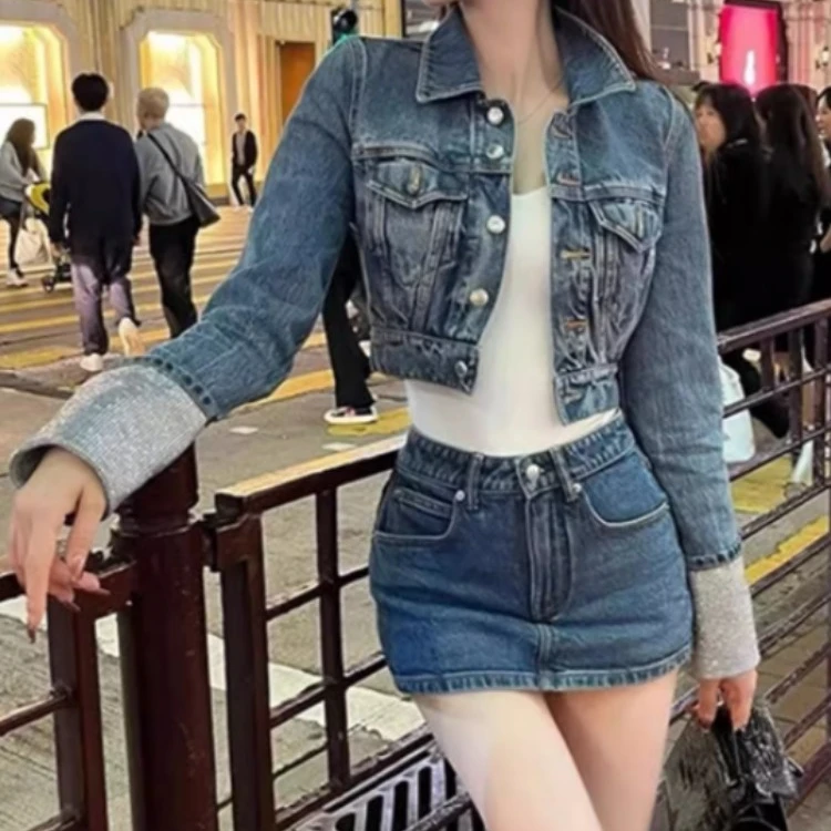 高级复古港风牛仔外套短款高腰防走光裤裙高级气质减龄时尚套装女