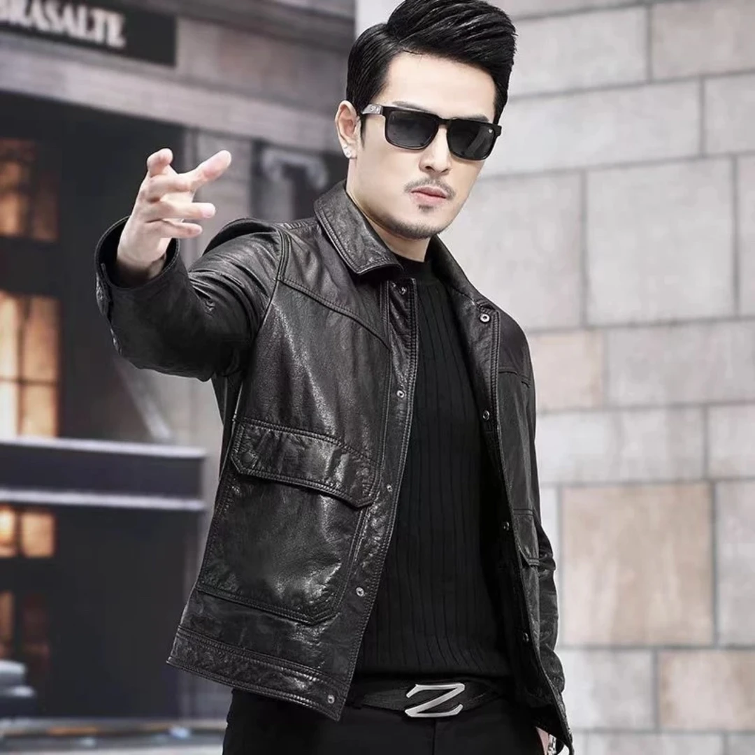 牛皮皮衣时尚休闲男士皮衣外套皮夹克男款翻领皮衣真皮中老年春秋