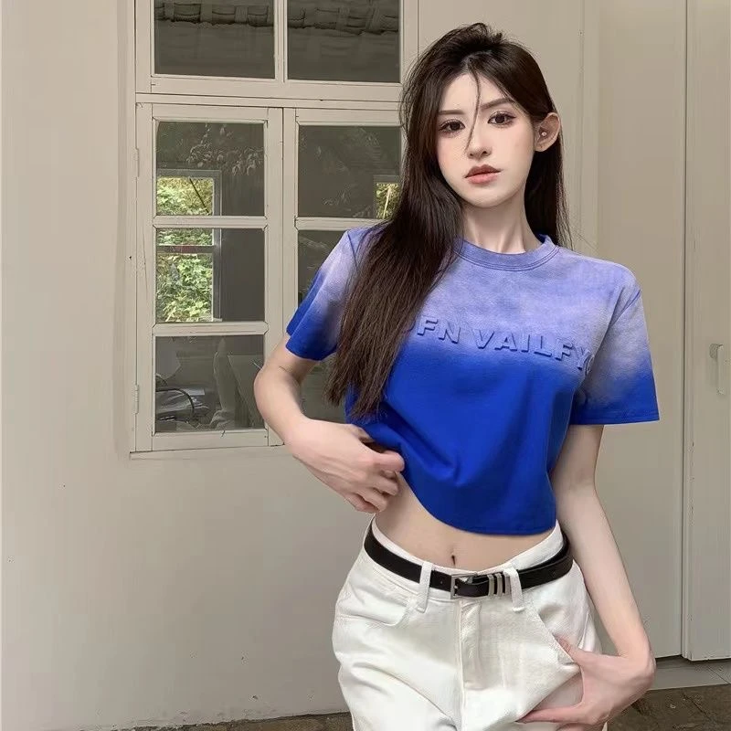 【洗水做旧】夏季扎染渐变短袖设计感钢印美式ins潮牌纯棉T恤女