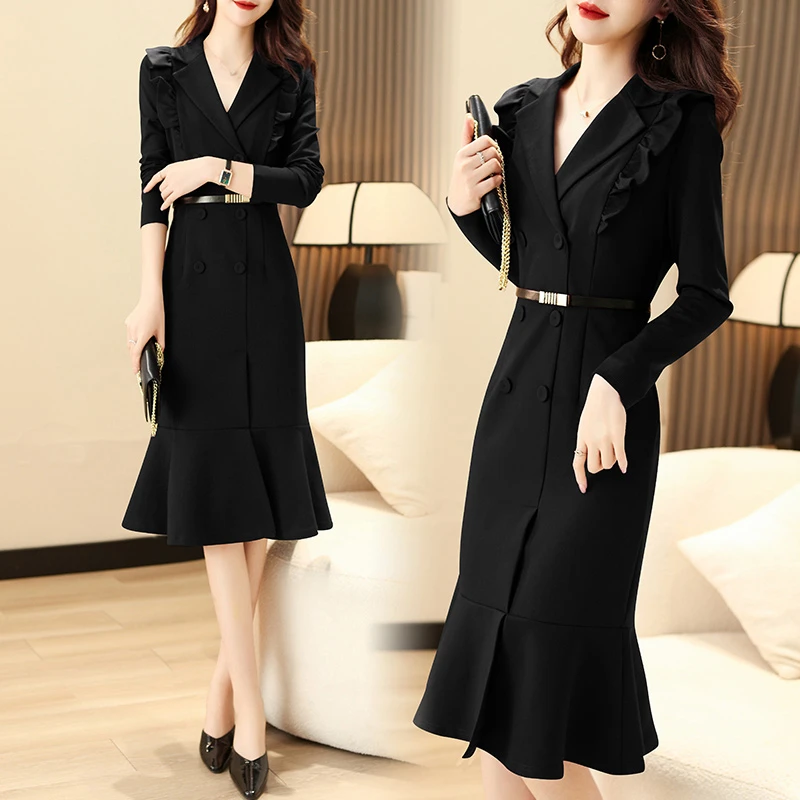 【送腰带】名媛气质礼服连衣裙女2025新款修身荷叶边包臀鱼尾裙7814