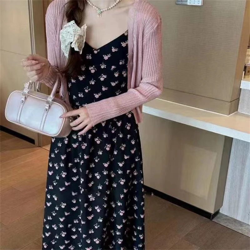 【大码】【两件套】夏季新款温柔风气质碎花吊带中长连衣裙B8098