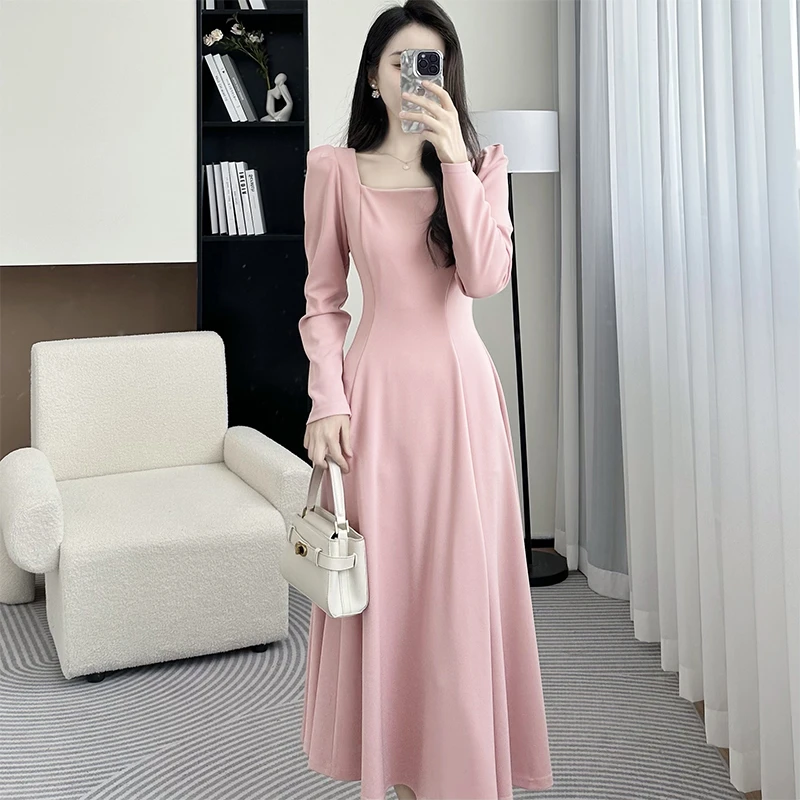 长袖连衣裙女装2025春新款气质超好看粉色方领法式长裙6597
