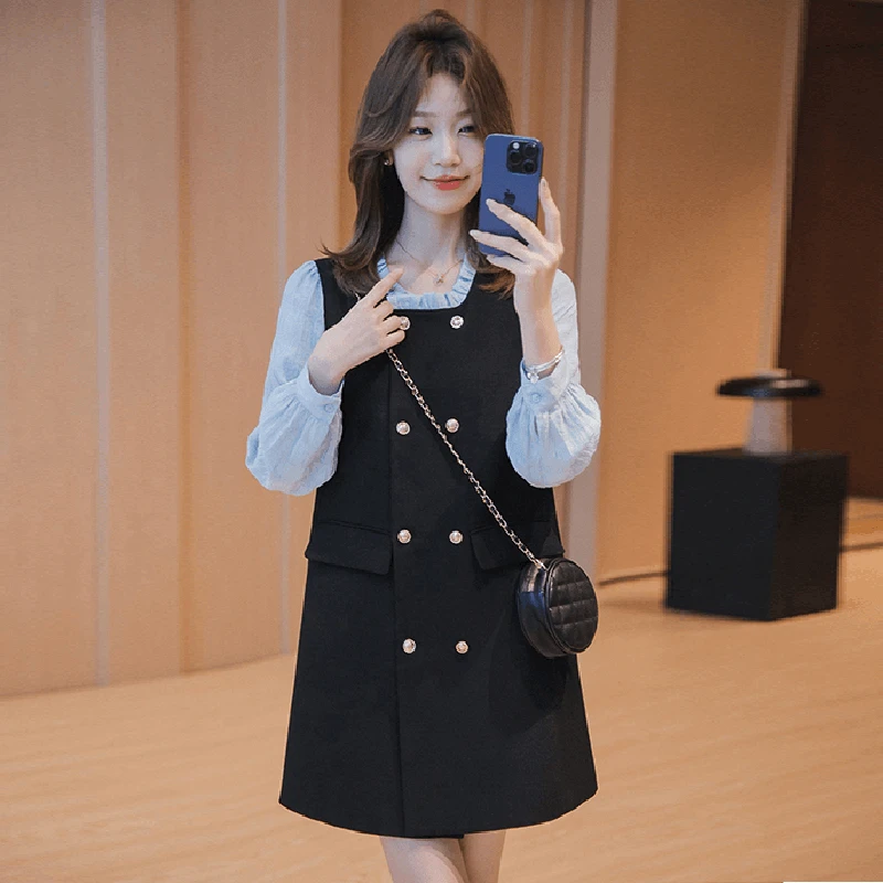 【纯纯】2025新款秋季气质小香风拼接连衣裙女泡泡袖显瘦裙子1904