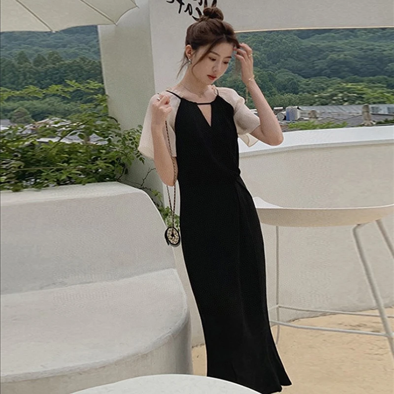 2025法式茶歇裙高级感连衣裙夏收腰裙拼接黑色气质名媛裙子女1348