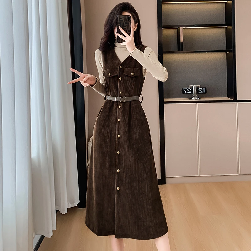 【赠送腰带】美拉德穿搭背带连衣裙两件套女漂亮套装裙子6131