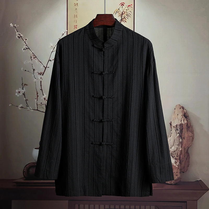 由天丨断码雪尼尔盘扣衬衫新中式唐装立领薄款条纹中国风衬衣