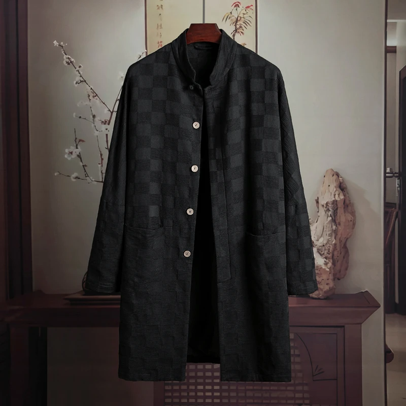 由天丨新中式男装棋盘格提花男士棉麻长袖外套春秋季中长款风衣