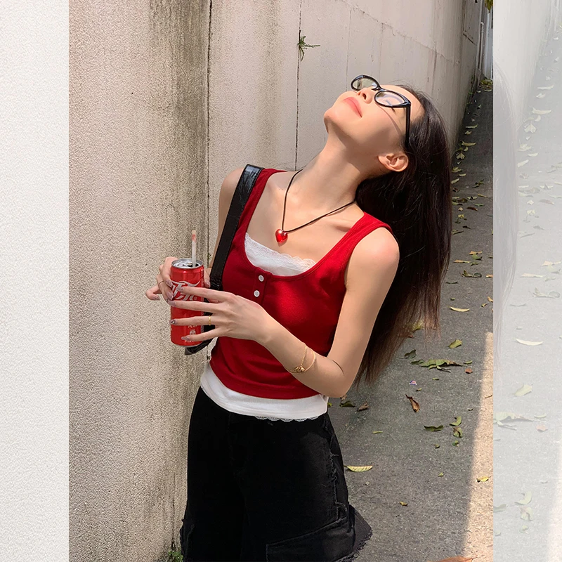 宋正恩蕾丝花边假两件工字背心女夏季新款拼色修身显瘦短款上衣潮