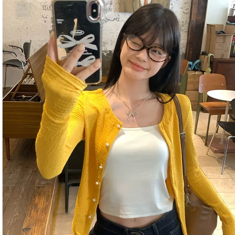 宋正恩黄色针织开衫外套女秋新款修身显瘦防晒长袖外搭上衣AA9170