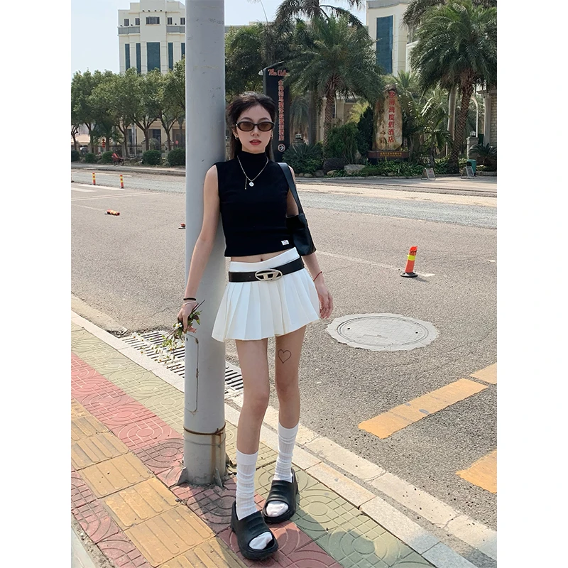 闪闪超闪白色百褶裙女夏季新款学院风短裙中低腰辣妹小个子半身裙