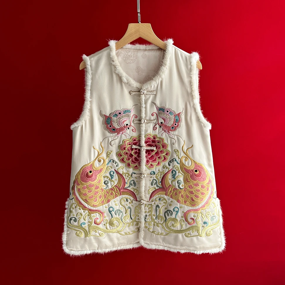 新中式复古优雅国风秋冬夹棉上衣醋酸马甲无袖加厚重工刺绣坎肩