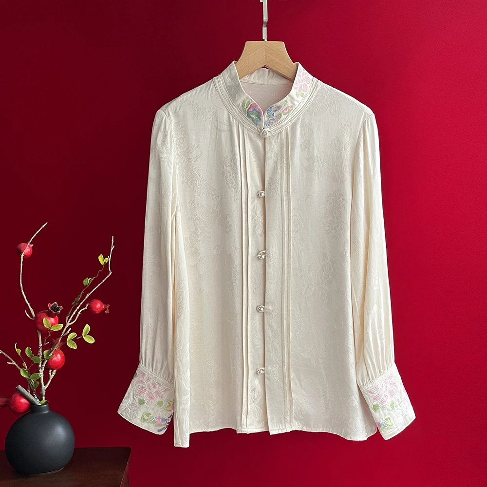 复古新中式国风春秋百搭衬衣宽松女上衣立领长袖刺绣提花休闲衬衫