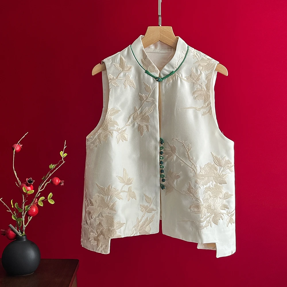 新中式国风春秋款女百搭上衣背心宽松坎肩马夹盘扣立领刺绣马甲
