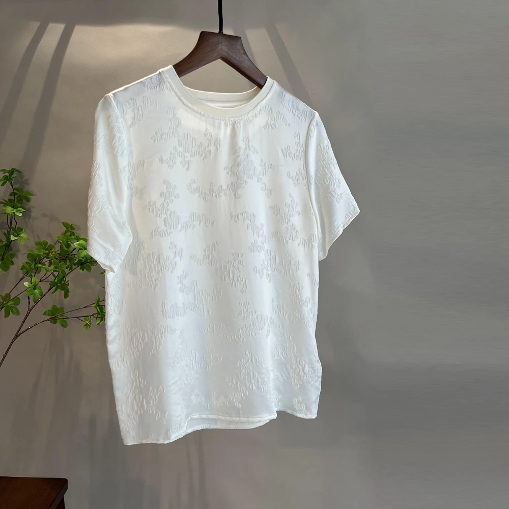 新中式小衫真丝冠乐绉T恤夏季女白色高端桑蚕丝短袖国风提花上衣