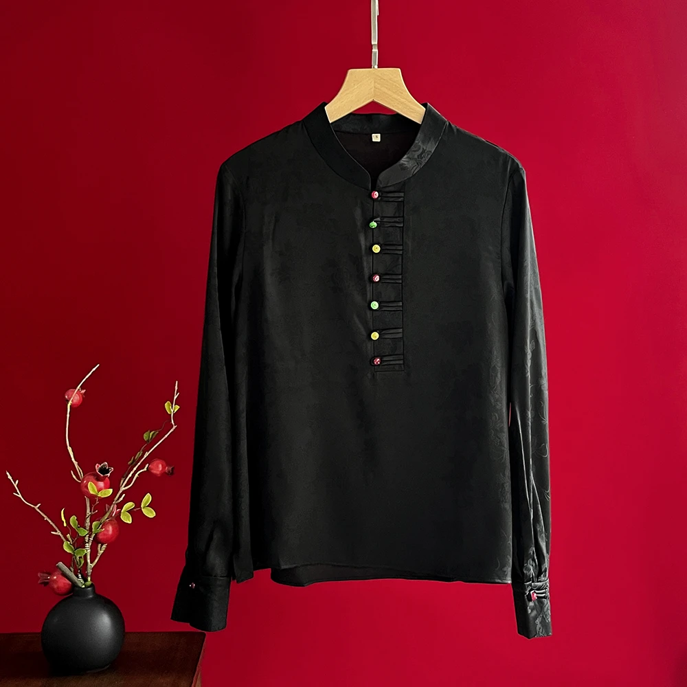 新中式春秋款复古女衬衫黑上衣国风立领打底百搭盘扣宽松提花衬衣