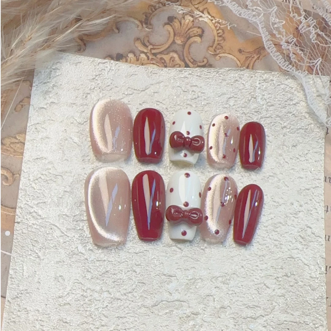 【安琪红KT猫】草莓波波纯手工穿戴甲红色波点显白美甲