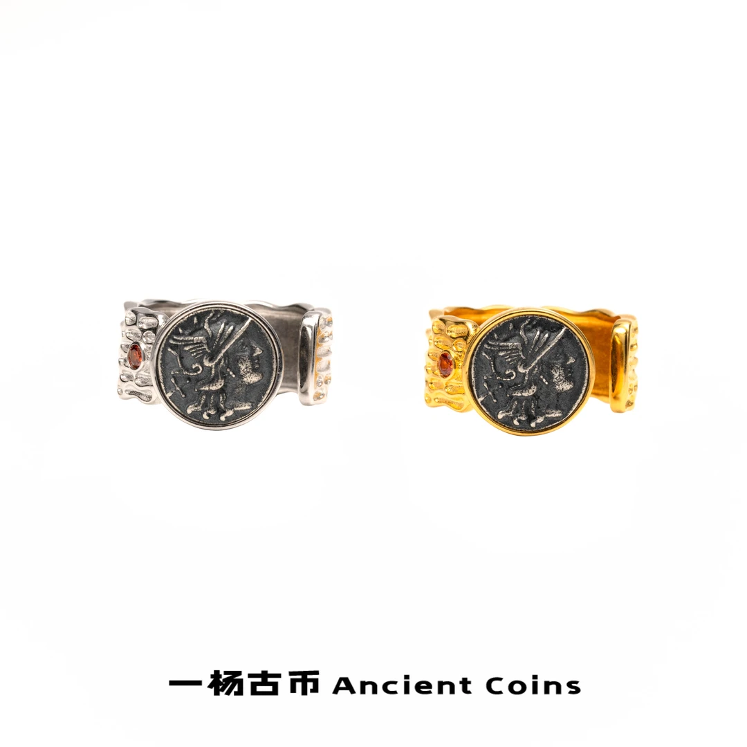 925银戒指 【罗马女神】宽版肌理感镶嵌红石榴复古风币上开口戒指