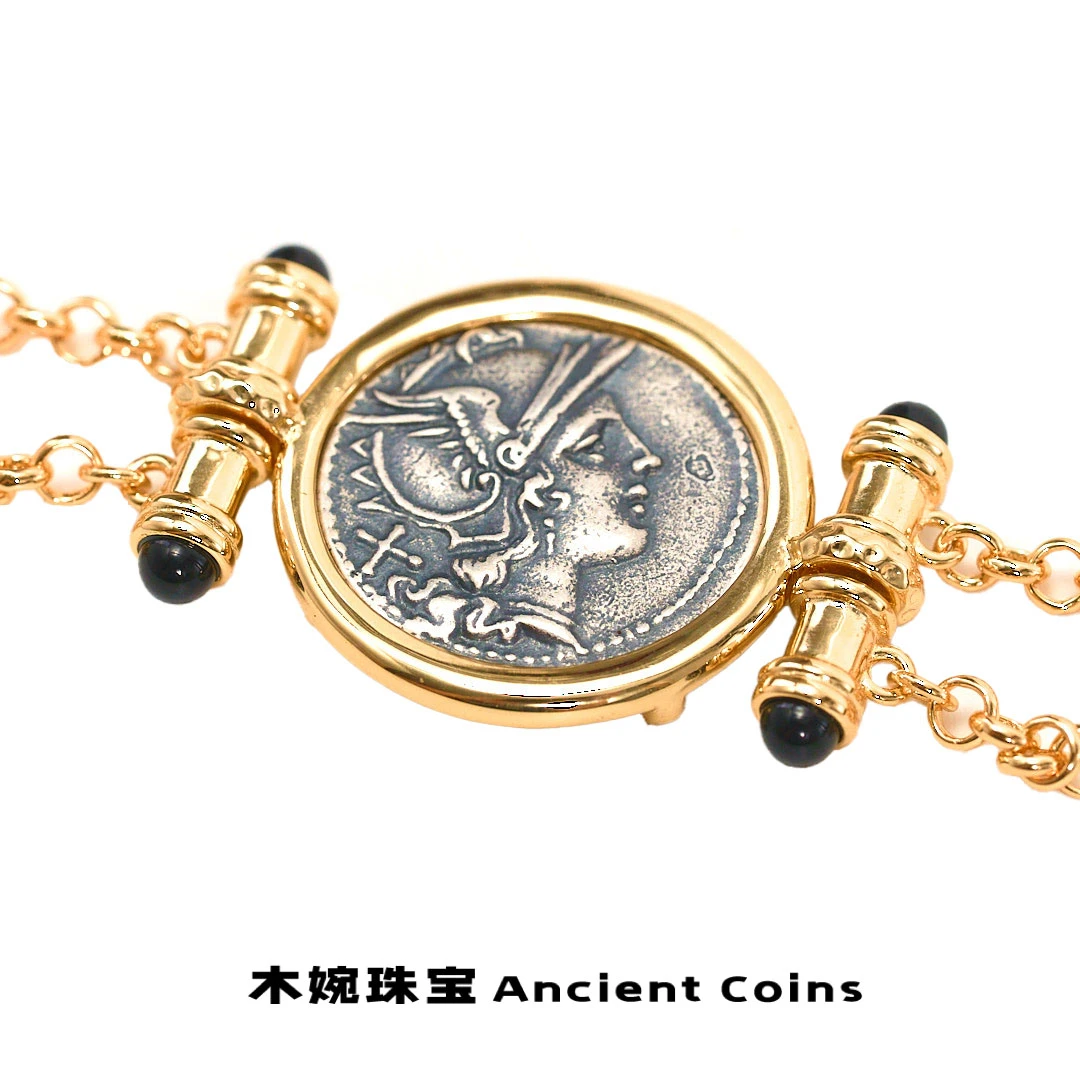 925银手链 【BY罗马女神】GB-SL097双柱轻奢时尚金色复古风币手链