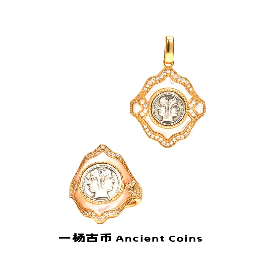 925银耳饰 【双面神】镶嵌高级气质手工轻奢素款复古风币吊坠/戒指