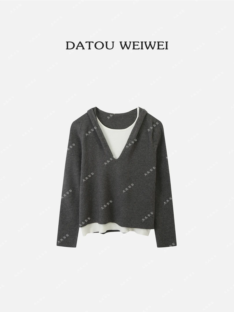 【DTWW大头韦韦】高级叠穿松弛慵懒舒适假两件连帽针织衫092352