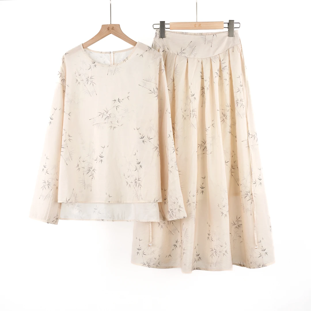 吉米原创-新国风竹叶印花衬衫半身裙套装350962衣长66胸围104