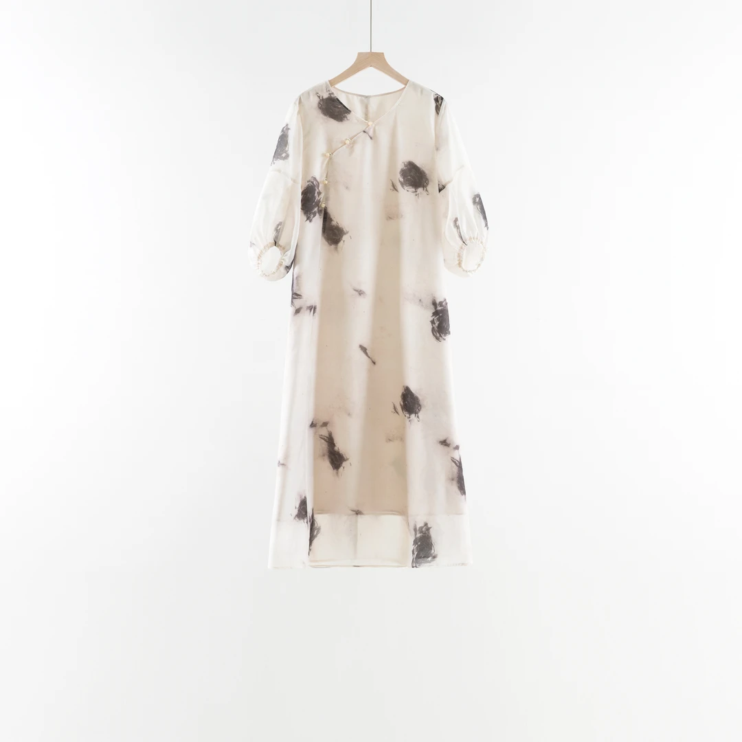 吉米原创-水墨烟城新中式V领宽松显瘦长裙245613后中长119胸围105