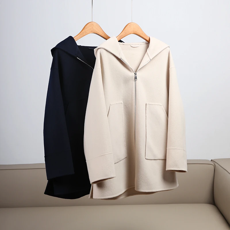 H18DD3211 山羊绒 休闲显瘦连帽双面羊毛大衣 拉链开衫羊绒外套