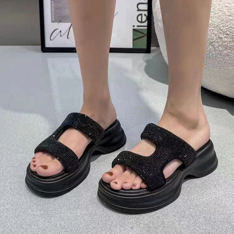 夏季新款烫钻水钻厚底休闲时尚仙女风一字拖鞋092-1