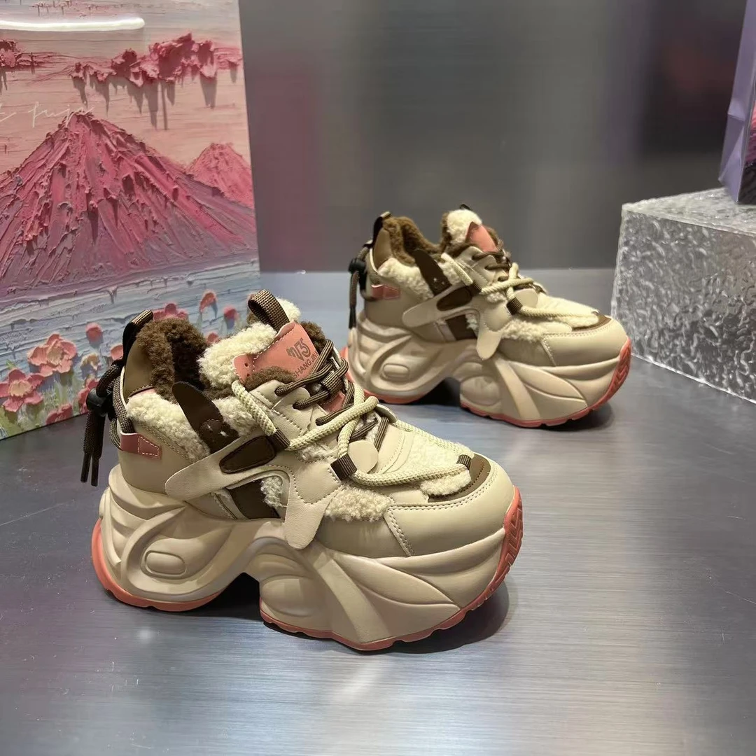 【厚绒~冰美式】ZXX爆款松糕底百搭皮面老爹鞋女2024秋冬加绒增高