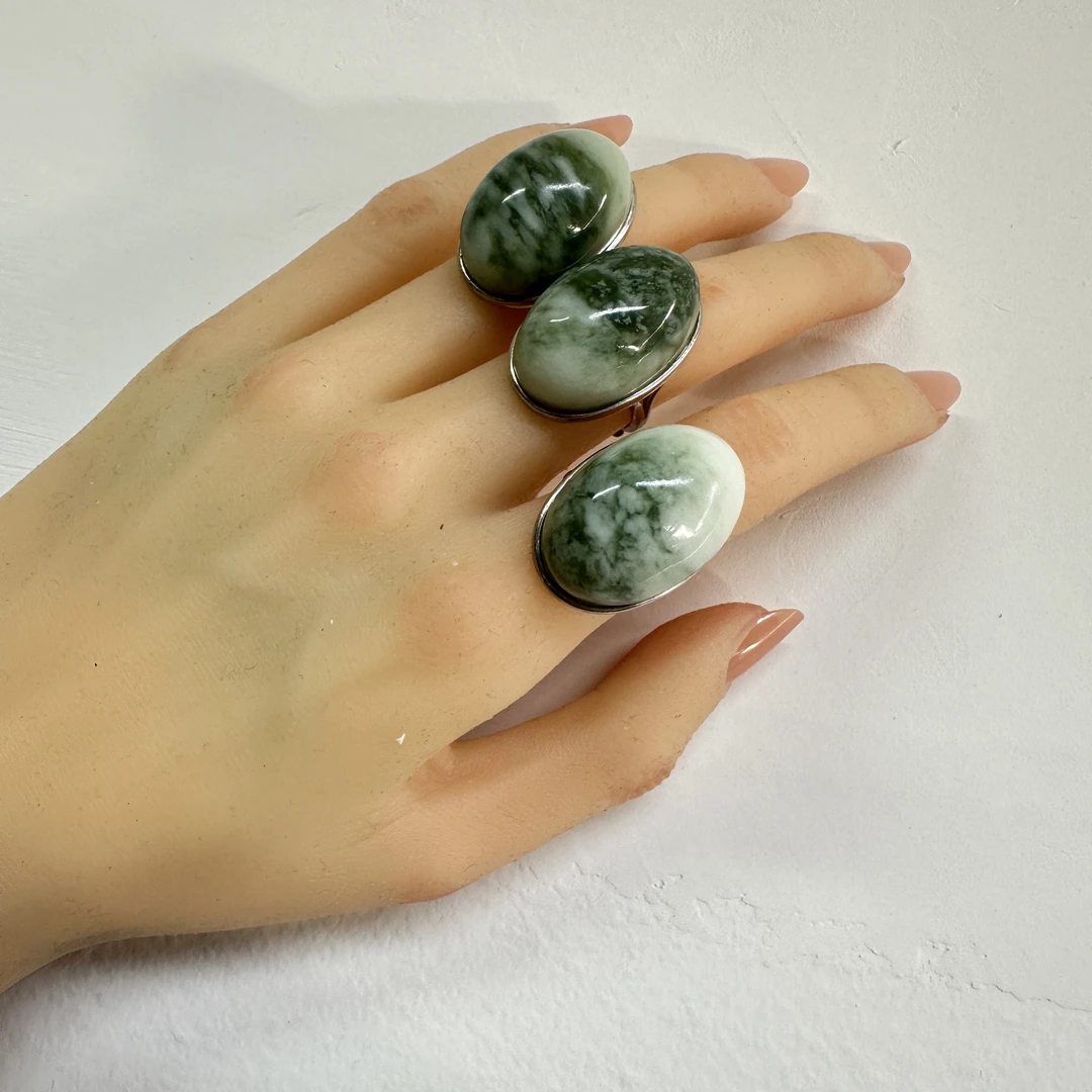 【0086】天然岫玉蛇纹石油翠戒指银s925镶嵌戒指多样性发其一