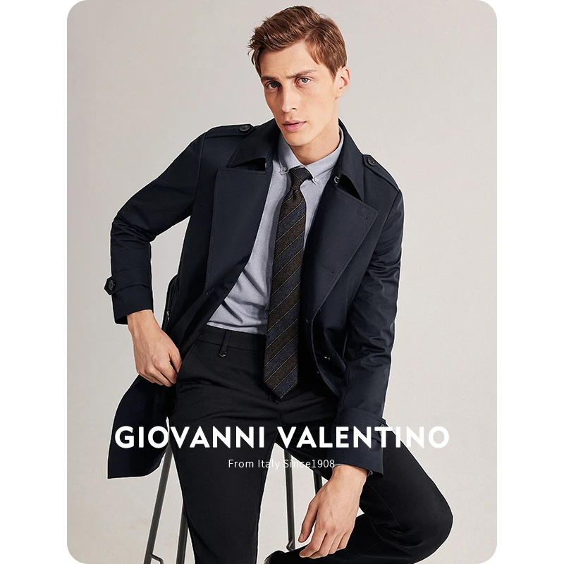 GIOVANNI VALENTINO男士风衣外套中长款秋冬季英伦风休闲翻领大衣