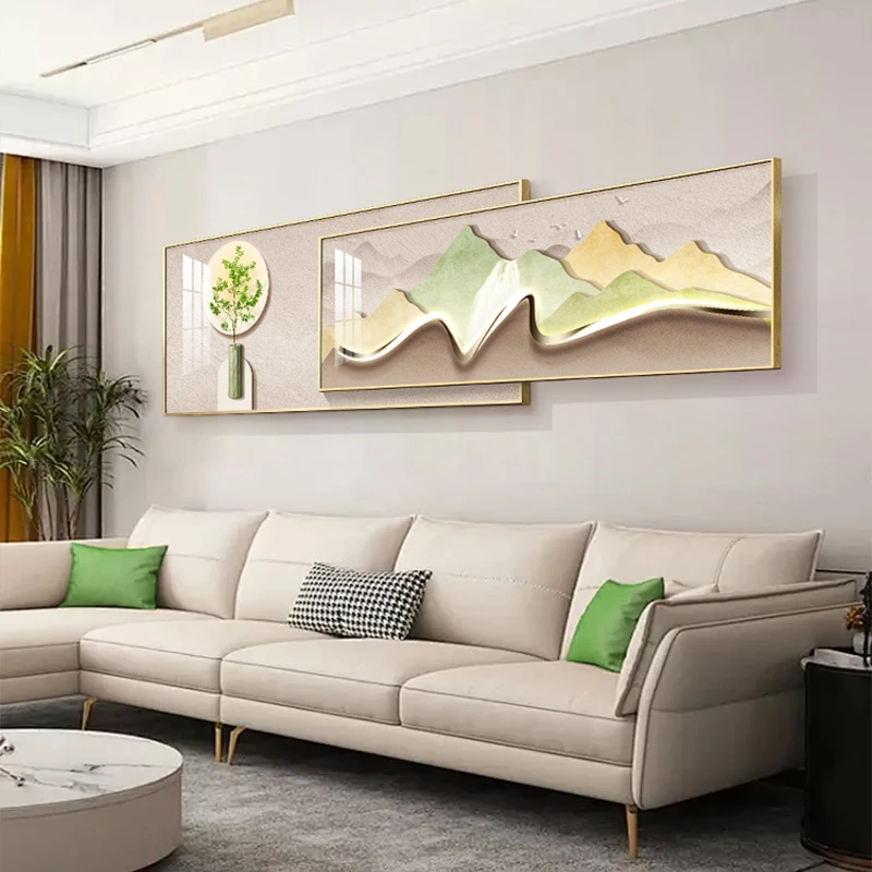 奶油风客厅装饰画现代简约大气沙发背景墙画风景画绿植叠加壁挂画