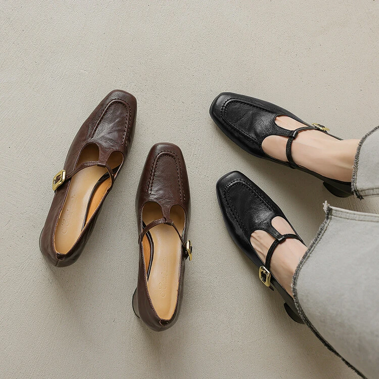 【锦瑟】5cm粗跟羊皮方头玛丽珍小皮鞋复古百搭英伦风女单鞋