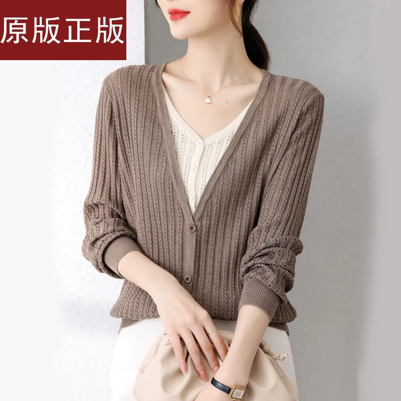 春秋季假两件针织衫女套头宽松新款镂空单穿上衣遮肉显瘦气质百搭