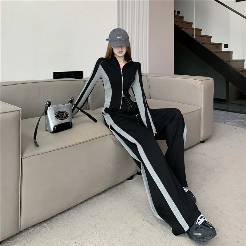 欧货休闲卫衣套装2025女秋时尚拼色修身短款开衫外套阔腿裤两件套