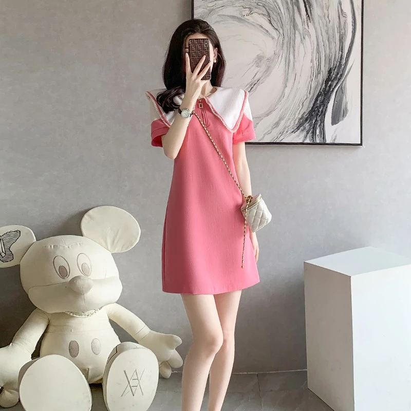 粉色娃娃领连衣裙女夏季2023新款遮肚子减龄显瘦小个子休闲T恤裙